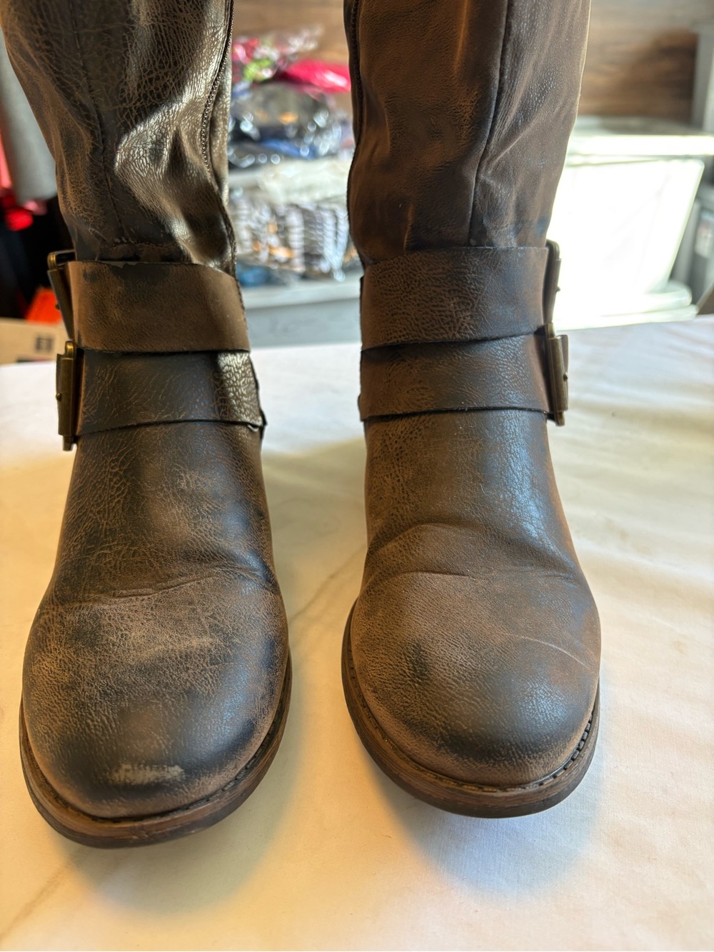 Crown Vintage Brown Moto Boots with Side Buckle